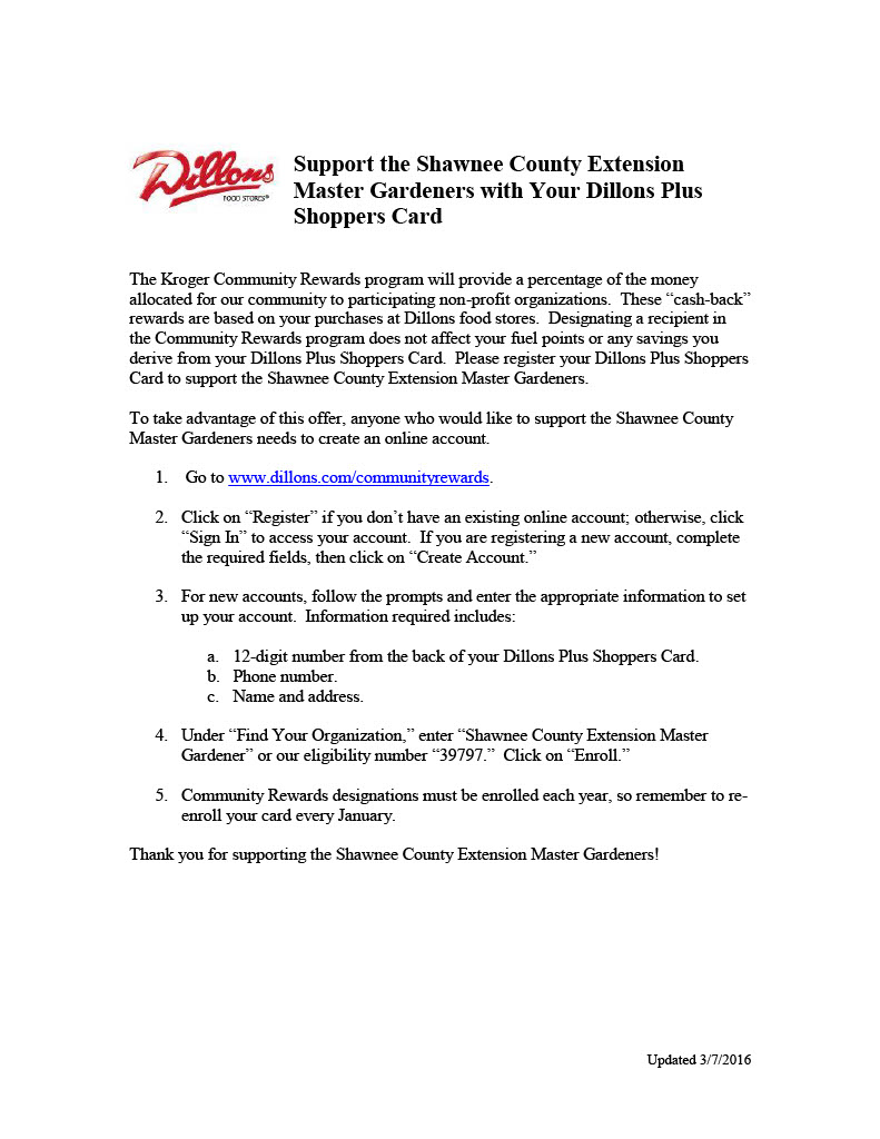 Support our Extension Master Gardeners with your Dillon's shoppers card!