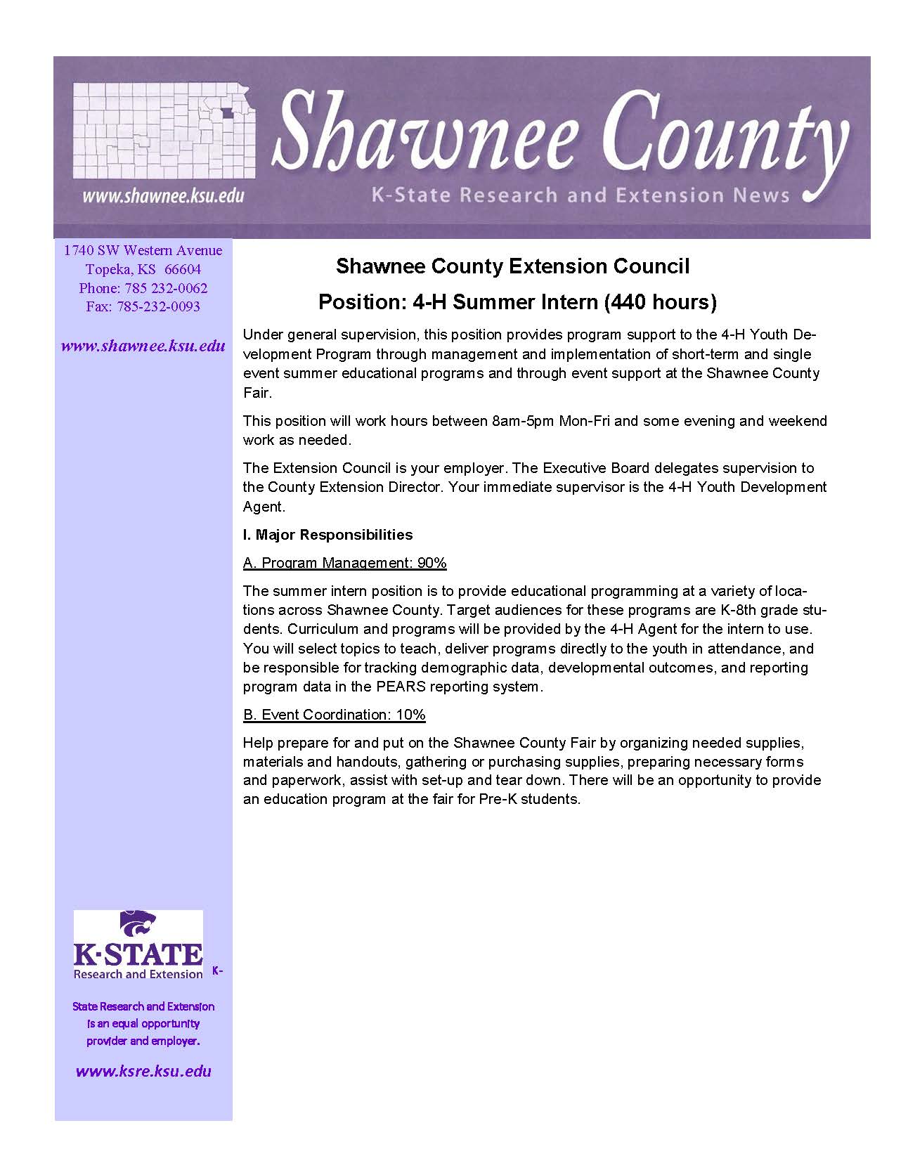 4-H Summer Internship Description